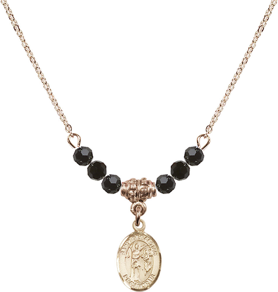 14kt Gold Filled Saint Sebastian Birthstone Necklace with Jet Beads - 9100
