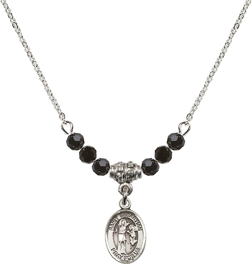 Sterling Silver Saint Sebastian Birthstone Necklace with Jet Beads - 9100