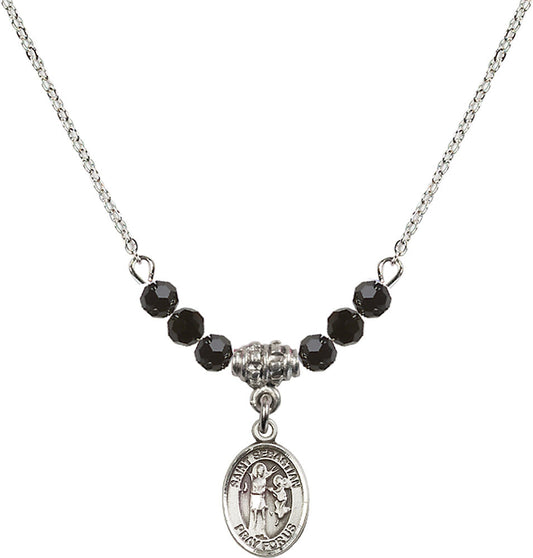 Sterling Silver Saint Sebastian Birthstone Necklace with Jet Beads - 9100