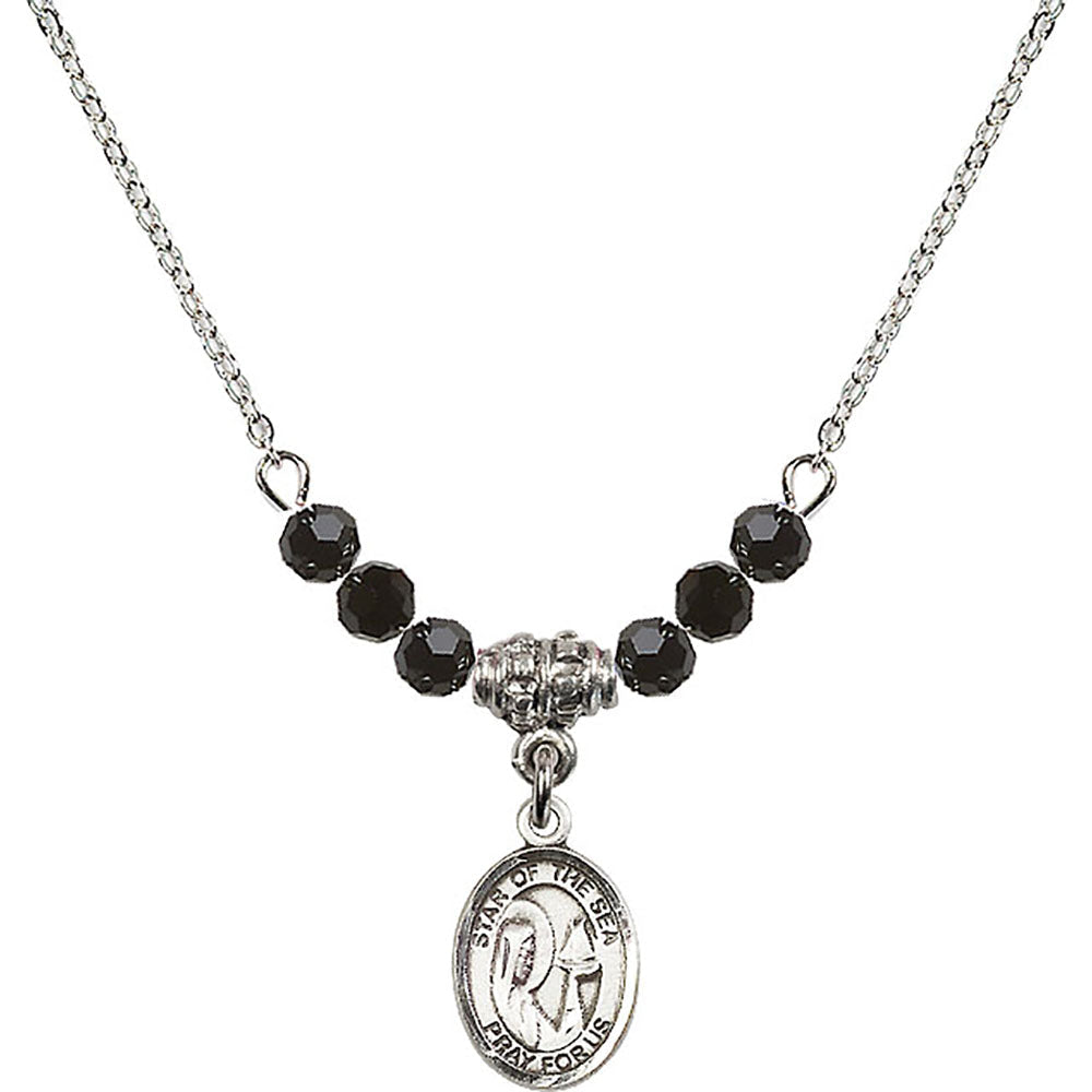 Sterling Silver Our Lady Star of the Sea Birthstone Necklace with Jet Beads - 9101