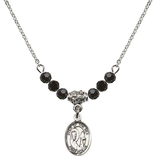 Sterling Silver Our Lady Star of the Sea Birthstone Necklace with Jet Beads - 9101