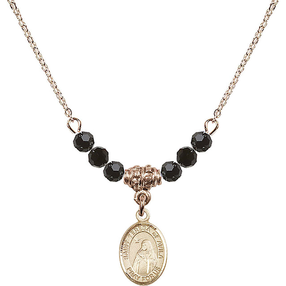 14kt Gold Filled Saint Teresa of Avila Birthstone Necklace with Jet Beads - 9102