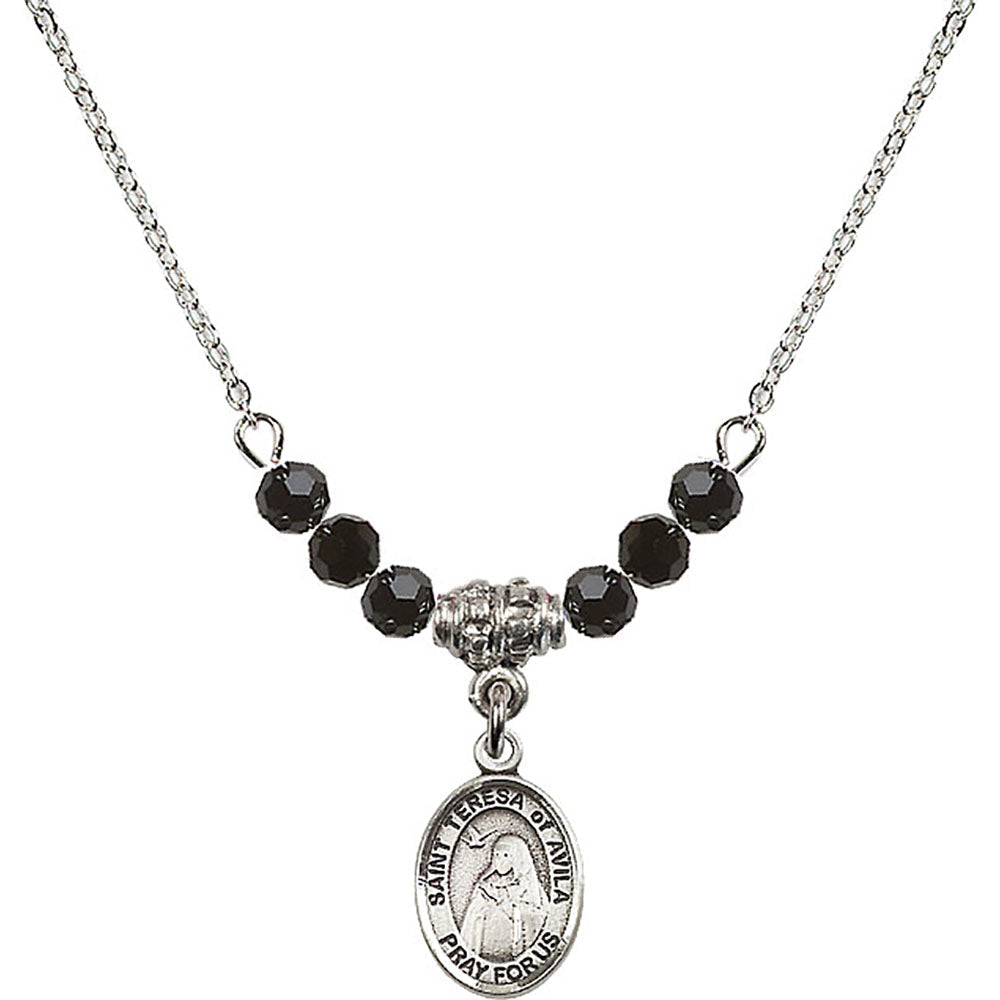 Sterling Silver Saint Teresa of Avila Birthstone Necklace with Jet Beads - 9102