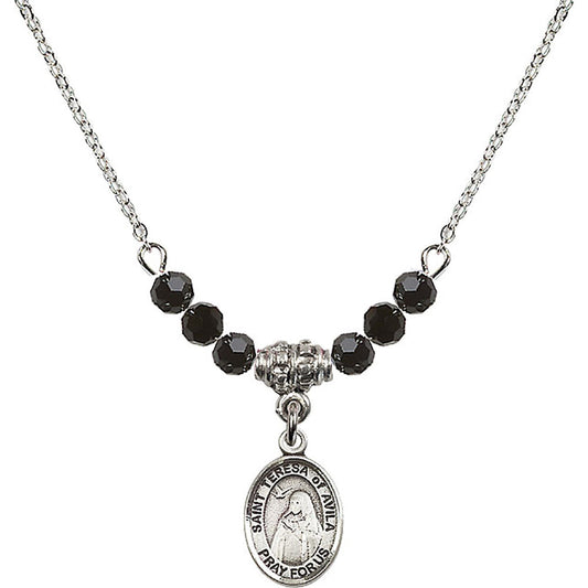 Sterling Silver Saint Teresa of Avila Birthstone Necklace with Jet Beads - 9102