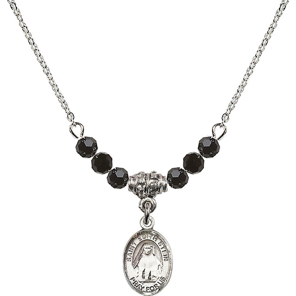 Sterling Silver Saint Edith Stein Birthstone Necklace with Jet Beads - 9103
