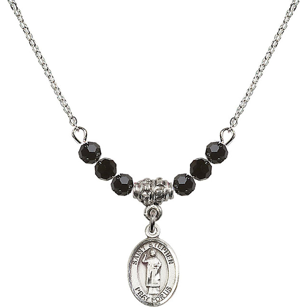 Sterling Silver Saint Stephen the Martyr Birthstone Necklace with Jet Beads - 9104