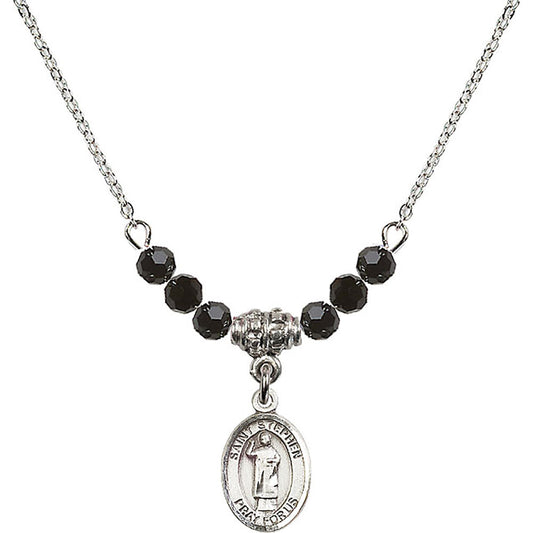 Sterling Silver Saint Stephen the Martyr Birthstone Necklace with Jet Beads - 9104