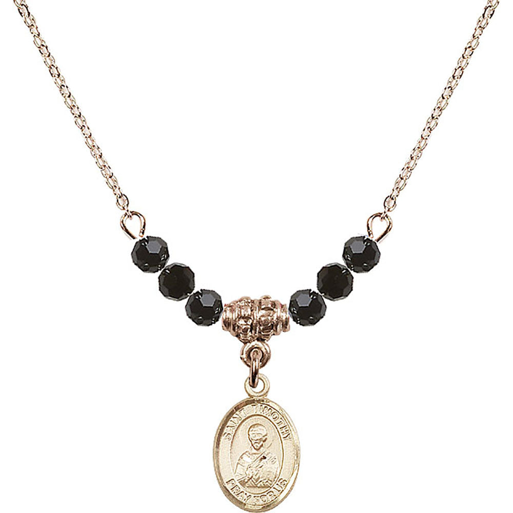 14kt Gold Filled Saint Timothy Birthstone Necklace with Jet Beads - 9105