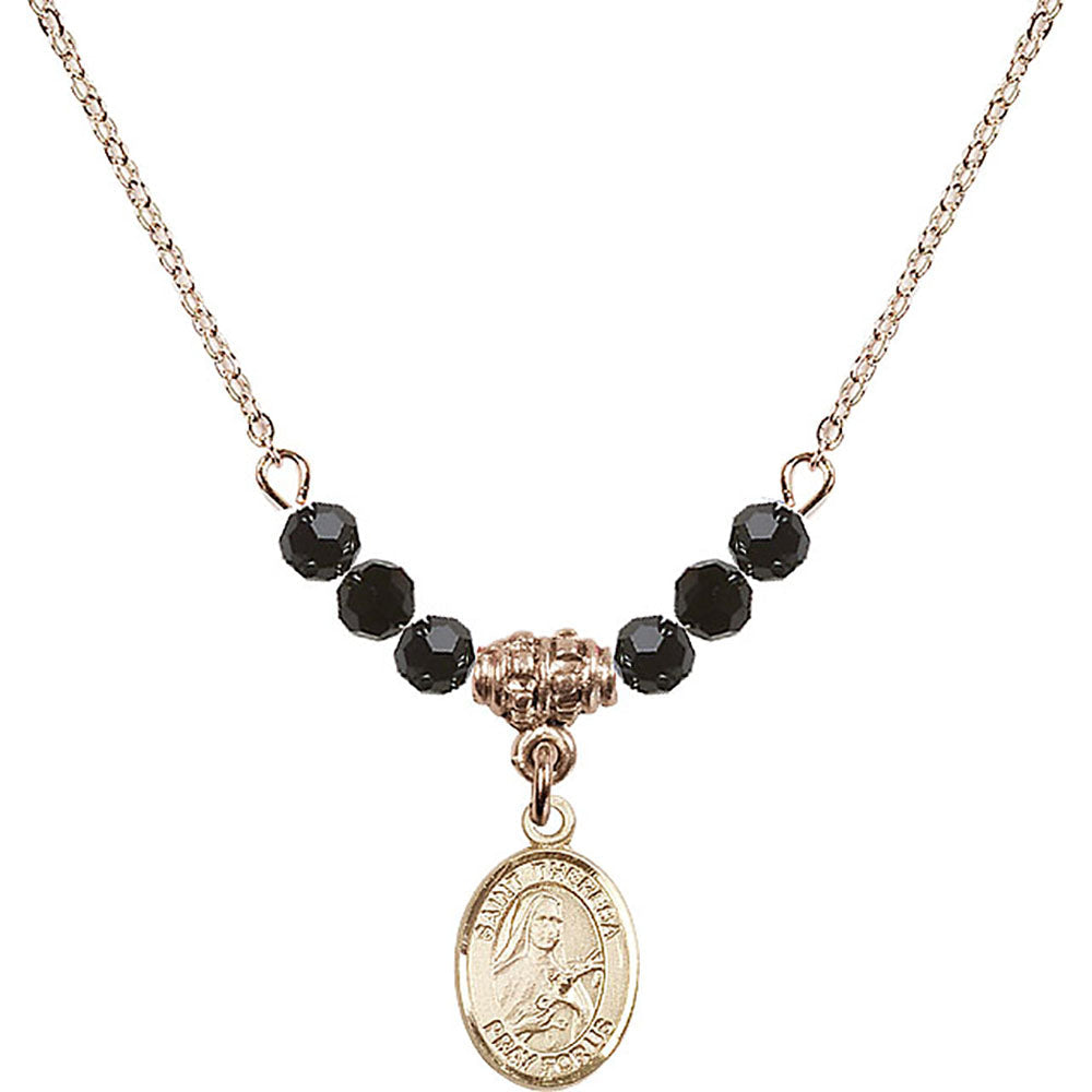 14kt Gold Filled Saint Theresa Birthstone Necklace with Jet Beads - 9106