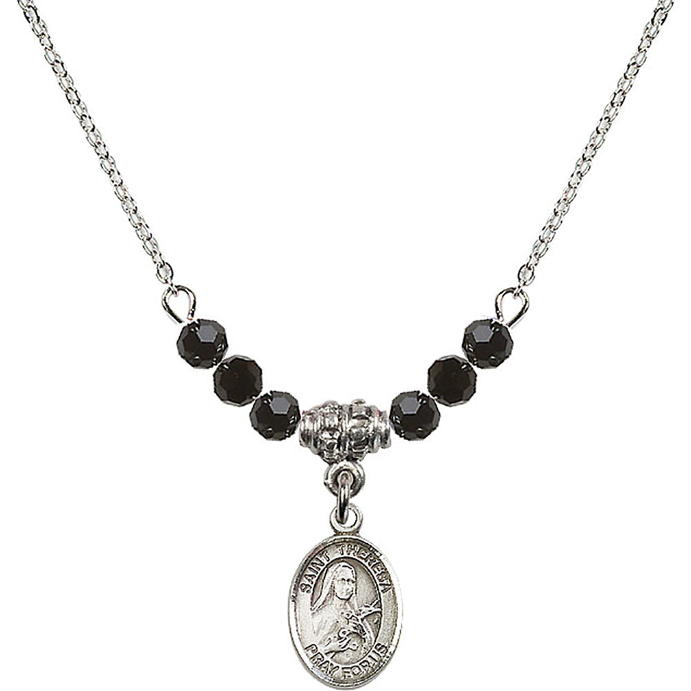 Sterling Silver Saint Theresa Birthstone Necklace with Jet Beads - 9106