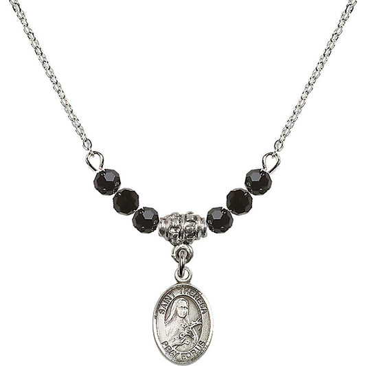 Sterling Silver Saint Theresa Birthstone Necklace with Jet Beads - 9106
