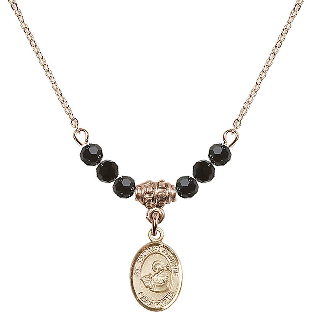 14kt Gold Filled Saint Thomas Aquinas Birthstone Necklace with Jet Beads - 9108