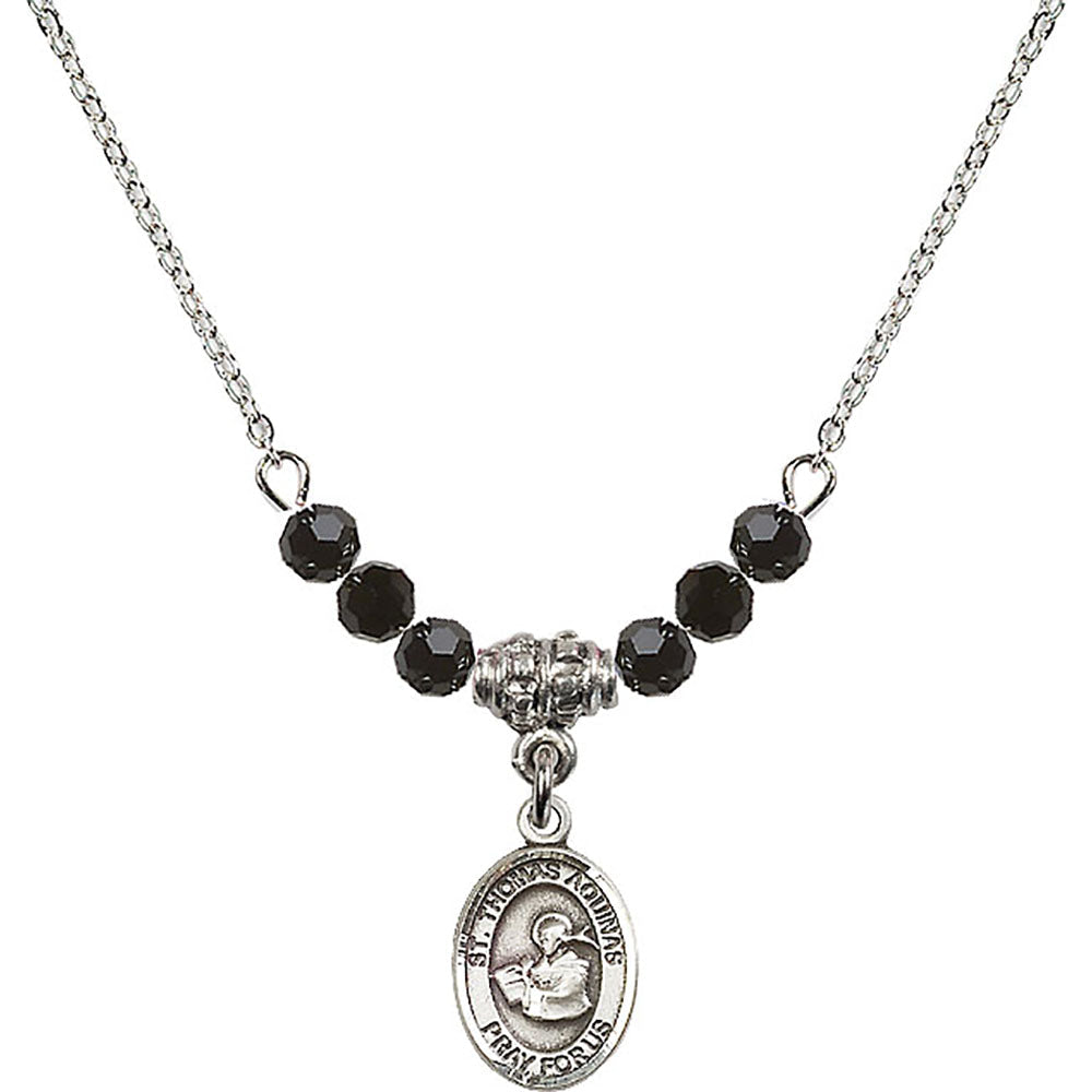 Sterling Silver Saint Thomas Aquinas Birthstone Necklace with Jet Beads - 9108