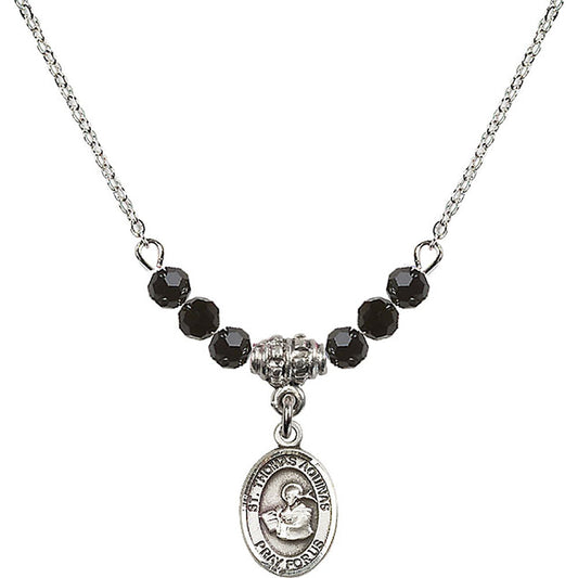 Sterling Silver Saint Thomas Aquinas Birthstone Necklace with Jet Beads - 9108
