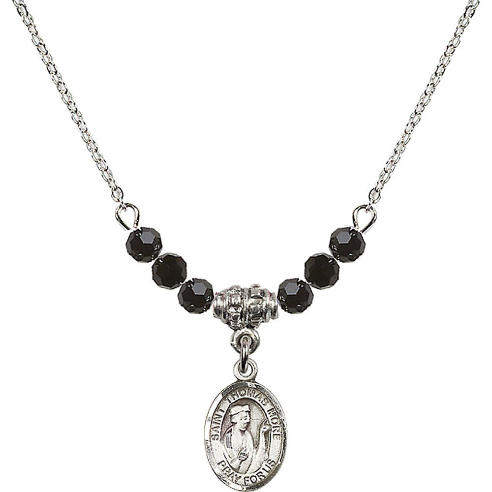 Sterling Silver Saint Thomas More Birthstone Necklace with Jet Beads - 9109