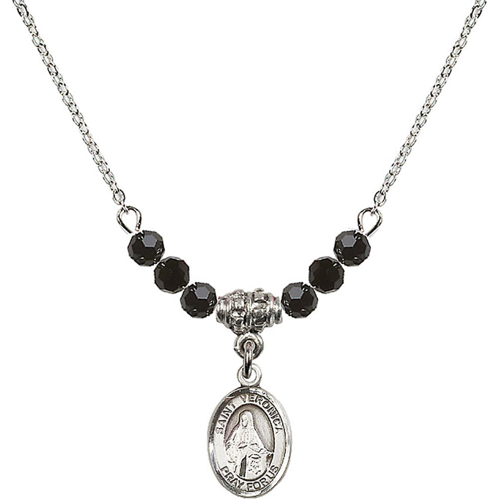 Sterling Silver Saint Veronica Birthstone Necklace with Jet Beads - 9110