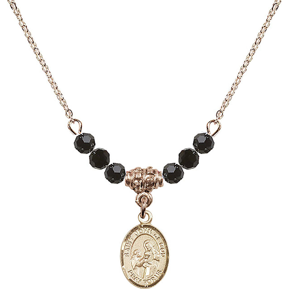 14kt Gold Filled Saint John of God Birthstone Necklace with Jet Beads - 9112
