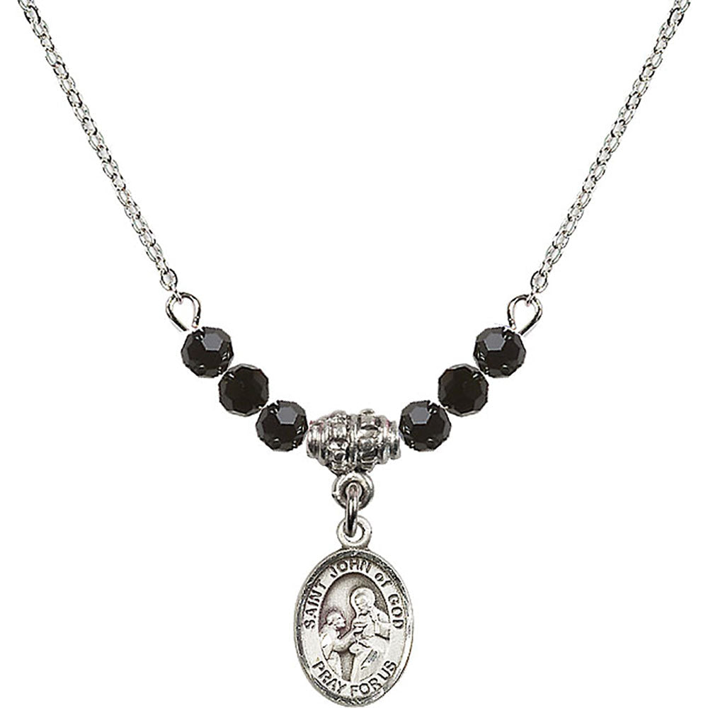 Sterling Silver Saint John of God Birthstone Necklace with Jet Beads - 9112