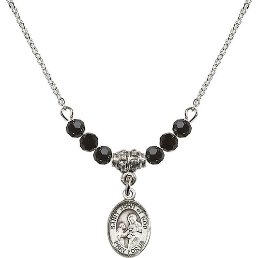 Sterling Silver Saint John of God Birthstone Necklace with Jet Beads - 9112