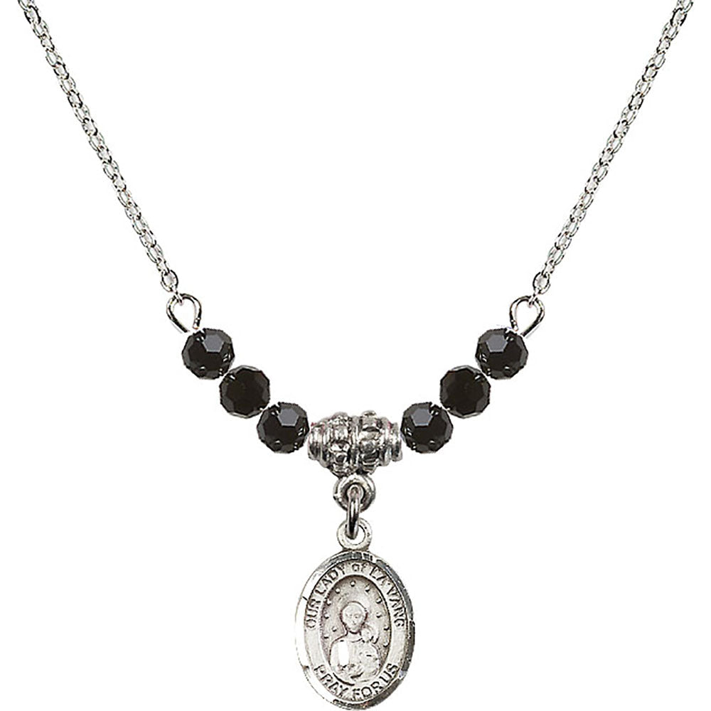 Sterling Silver Our Lady of la Vang Birthstone Necklace with Jet Beads - 9115