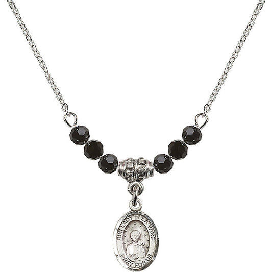 Sterling Silver Our Lady of la Vang Birthstone Necklace with Jet Beads - 9115