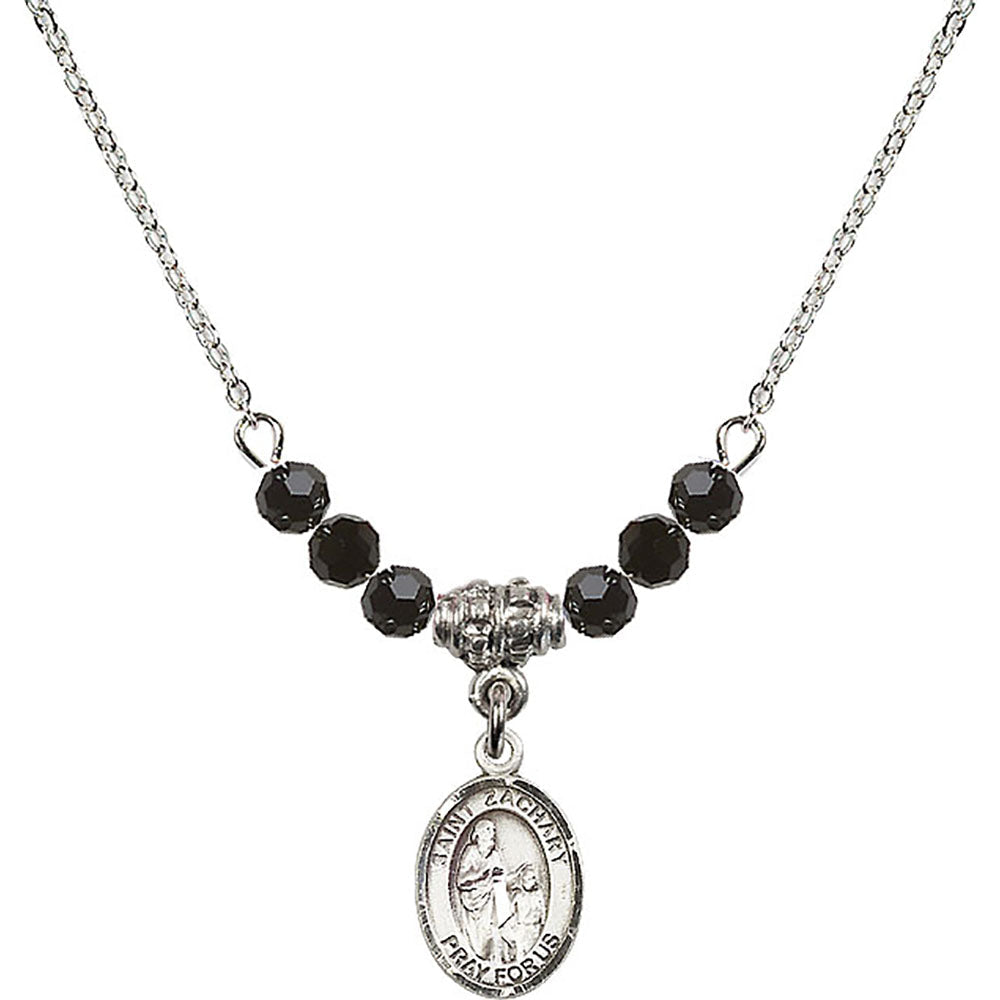Sterling Silver Saint Zachary Birthstone Necklace with Jet Beads - 9116
