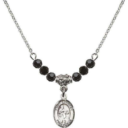 Sterling Silver Saint Zachary Birthstone Necklace with Jet Beads - 9116