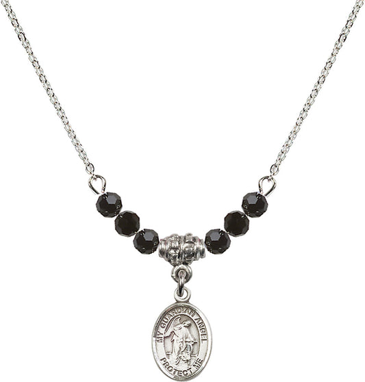 Sterling Silver Guardian Angel w/Child Birthstone Necklace with Jet Beads - 9118