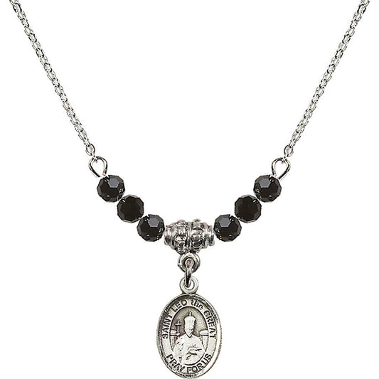 Sterling Silver Saint Leo the Great Birthstone Necklace with Jet Beads - 9120