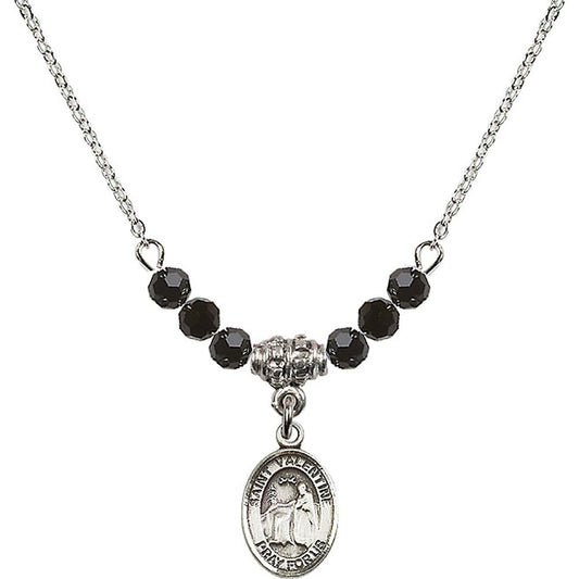 Sterling Silver Saint Valentine of Rome Birthstone Necklace with Jet Beads - 9121