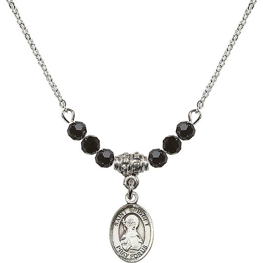 Sterling Silver Saint Bridget of Sweden Birthstone Necklace with Jet Beads - 9122