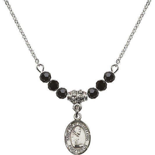 Sterling Silver Saint Pio of Pietrelcina Birthstone Necklace with Jet Beads - 9125