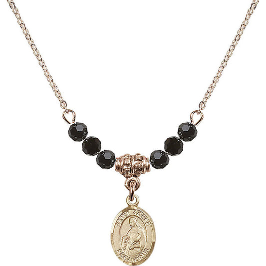 14kt Gold Filled Saint Agnes of Rome Birthstone Necklace with Jet Beads - 9128
