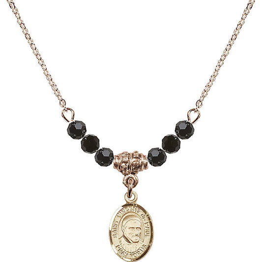 14kt Gold Filled Saint Vincent De Paul Birthstone Necklace with Jet Beads - 9134