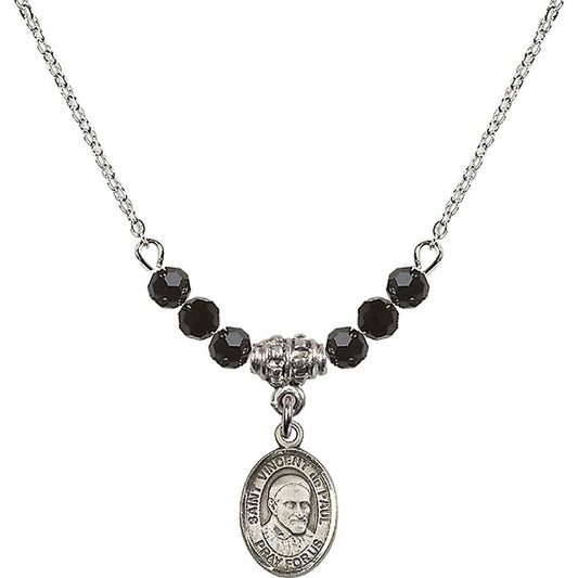 Sterling Silver Saint Vincent De Paul Birthstone Necklace with Jet Beads - 9134