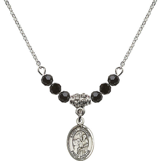 Sterling Silver Saint Jerome Birthstone Necklace with Jet Beads - 9135