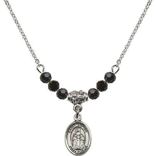 Sterling Silver Saint Sophia Birthstone Necklace with Jet Beads - 9136