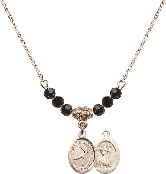 14kt Gold Filled Saint Christopher/Figure Skating Birthstone Necklace with Jet Beads - 9139
