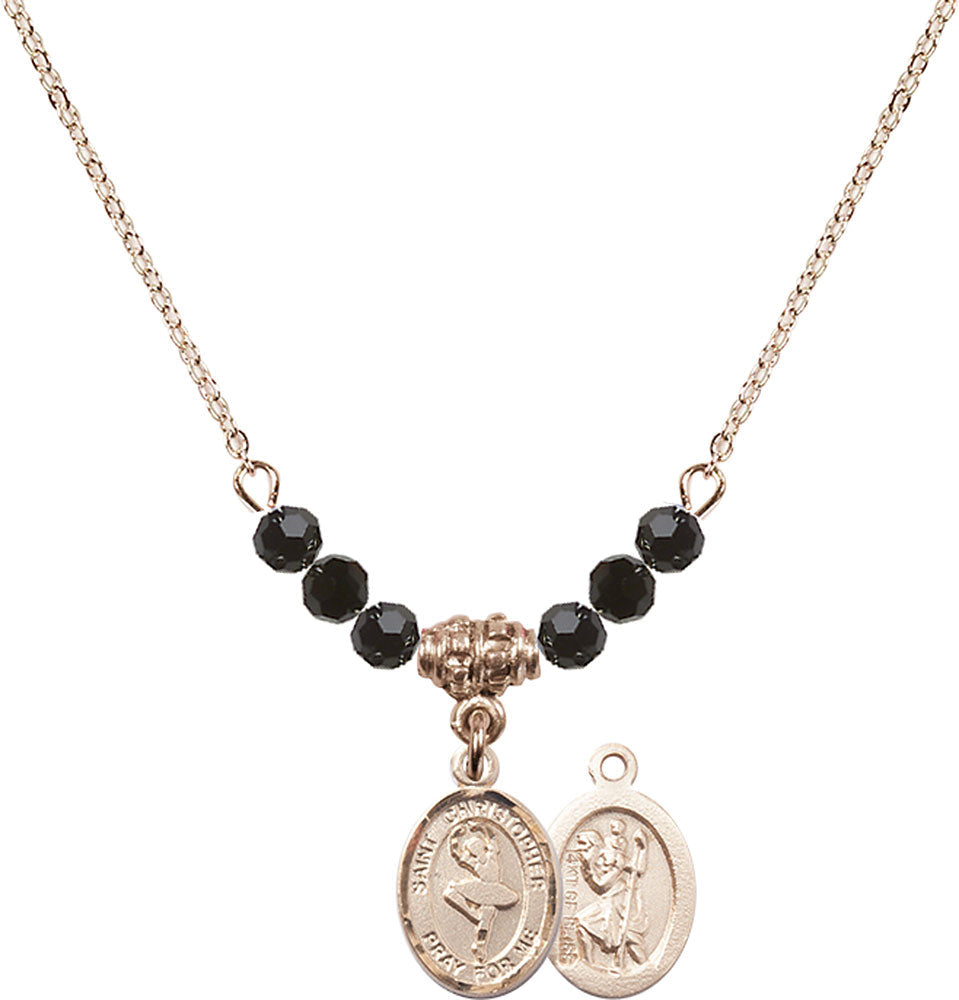 14kt Gold Filled Saint Christopher/Dance Birthstone Necklace with Jet Beads - 9143