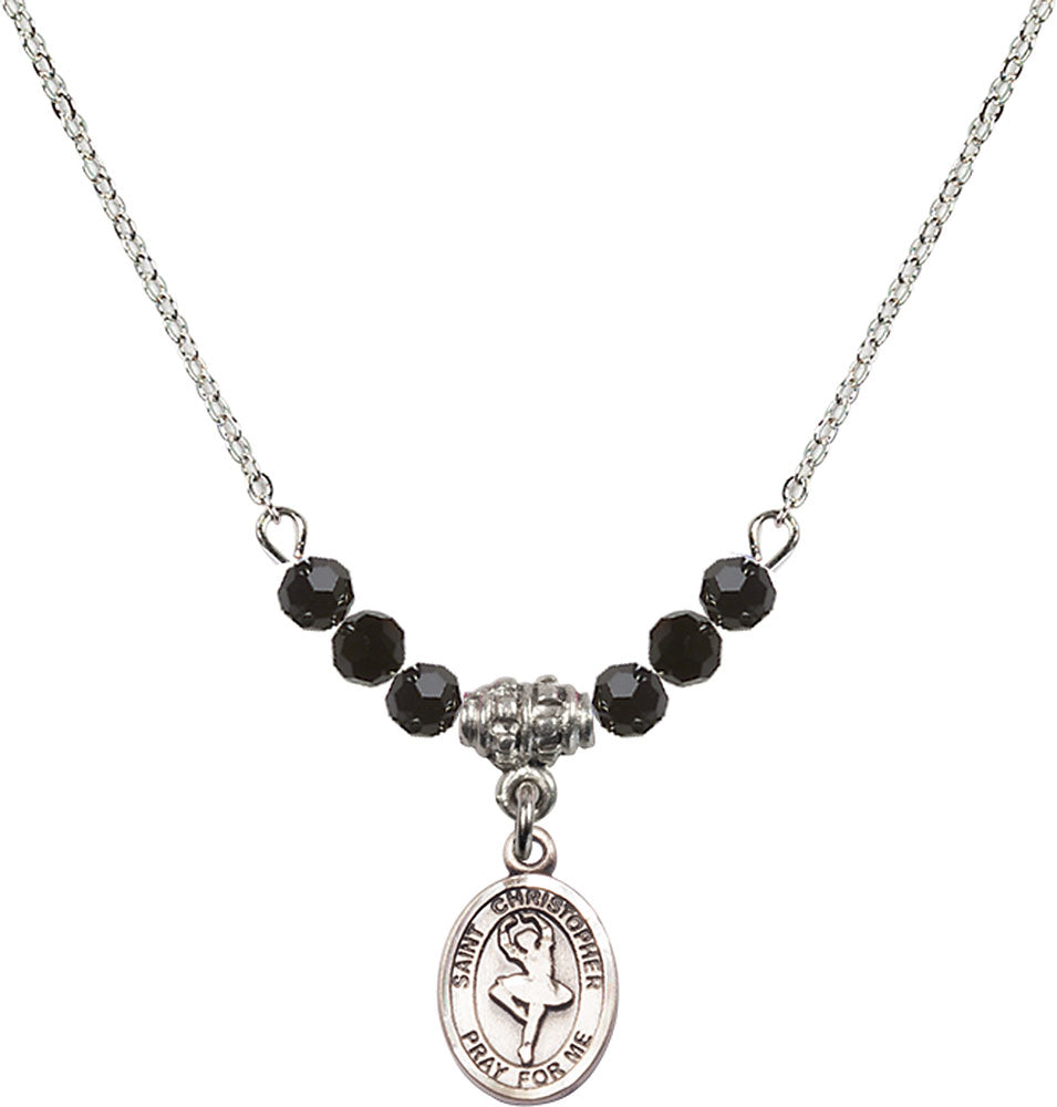 Sterling Silver Saint Christopher/Dance Birthstone Necklace with Jet Beads - 9143