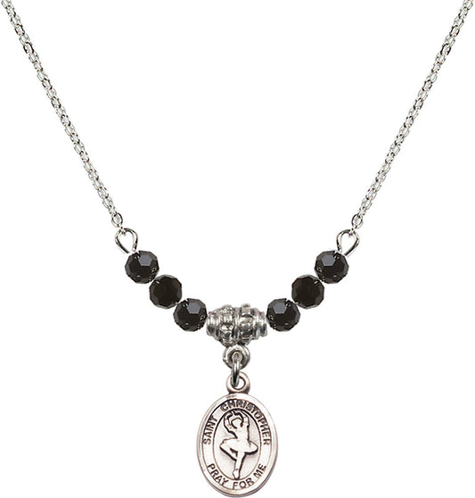 Sterling Silver Saint Christopher/Dance Birthstone Necklace with Jet Beads - 9143