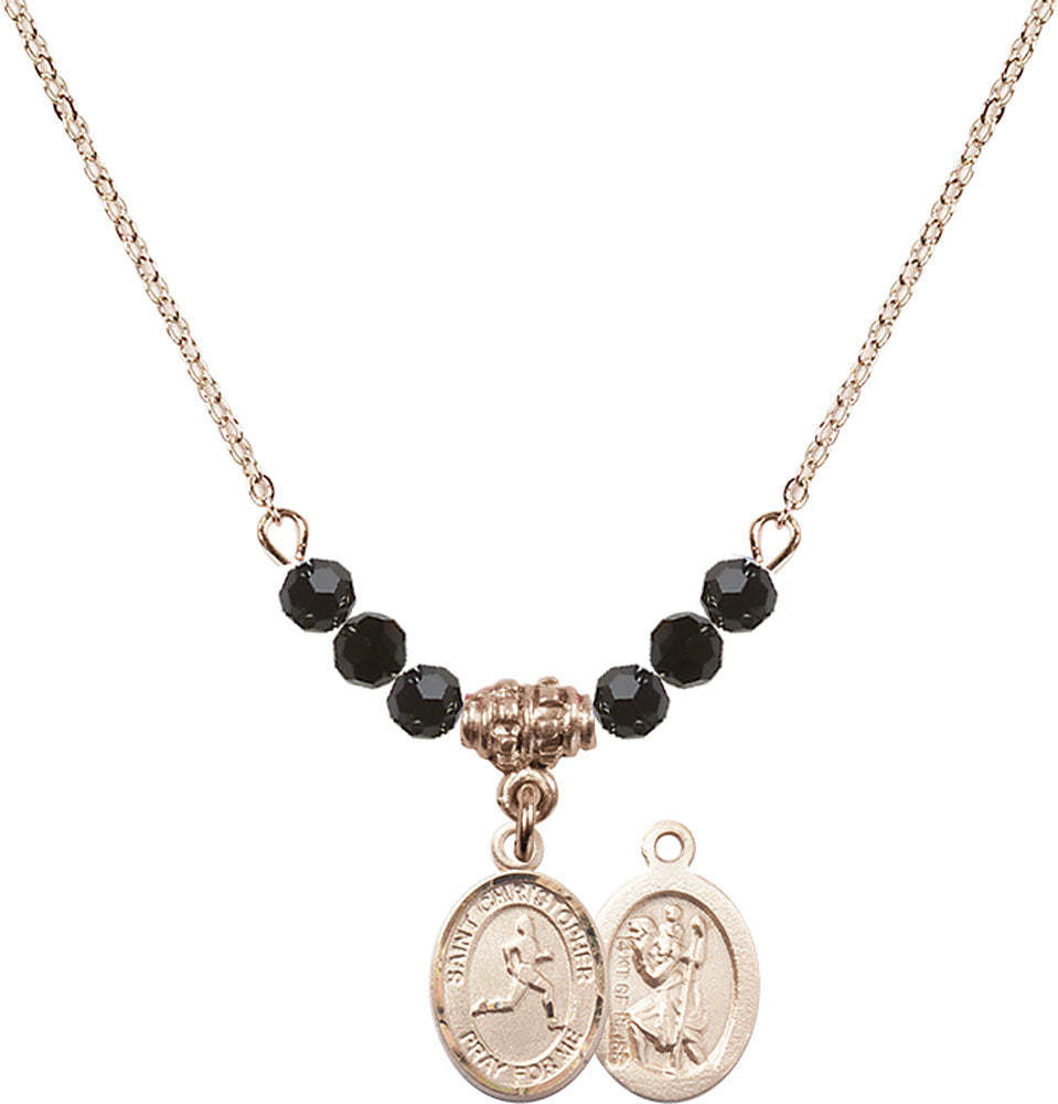 14kt Gold Filled Saint Christopher/Track & Field Birthstone Necklace with Jet Beads - 9149