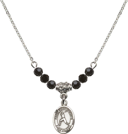 Sterling Silver Saint Christopher/Baseball Birthstone Necklace with Jet Beads - 9150