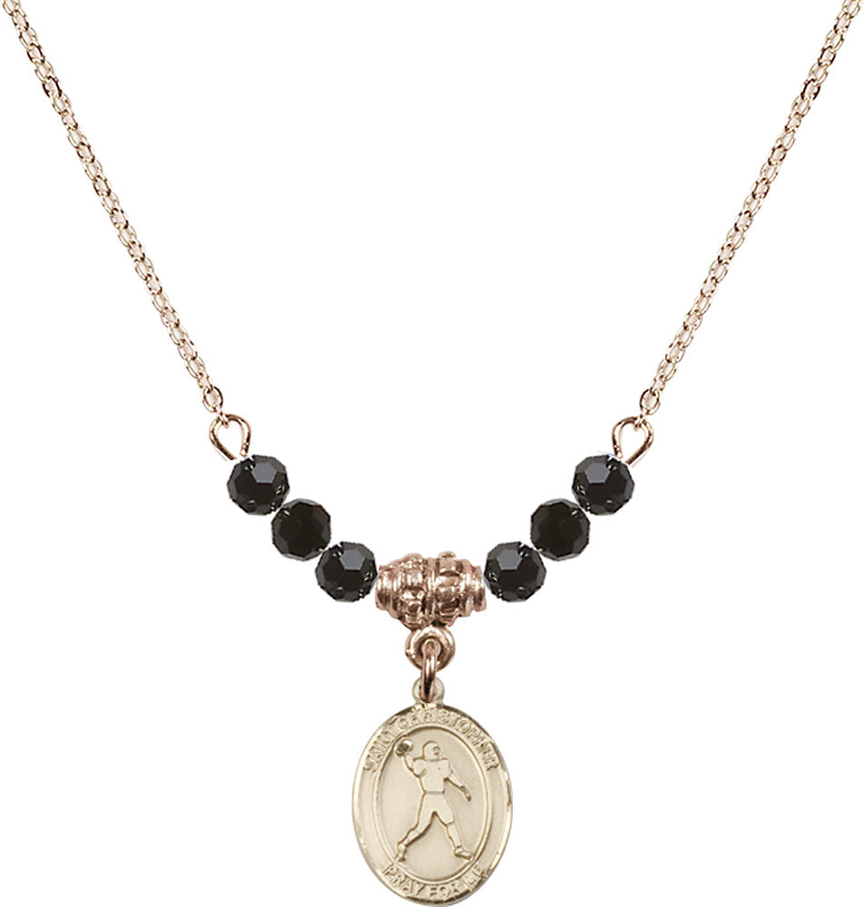 14kt Gold Filled Saint Christopher/Football Birthstone Necklace with Jet Beads - 9151