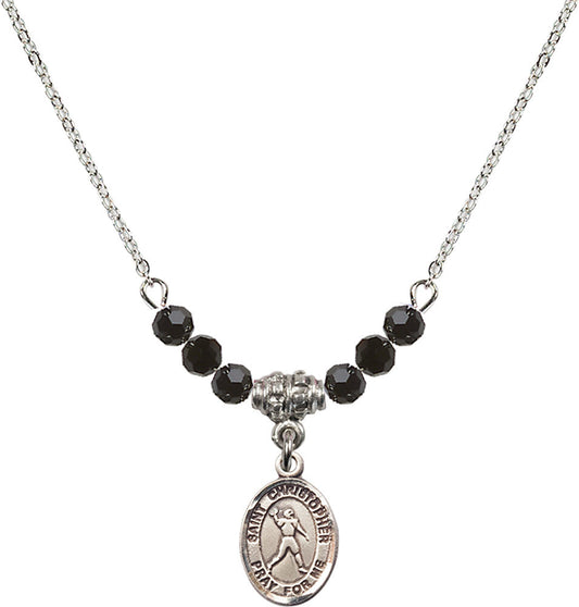 Sterling Silver Saint Christopher/Football Birthstone Necklace with Jet Beads - 9151