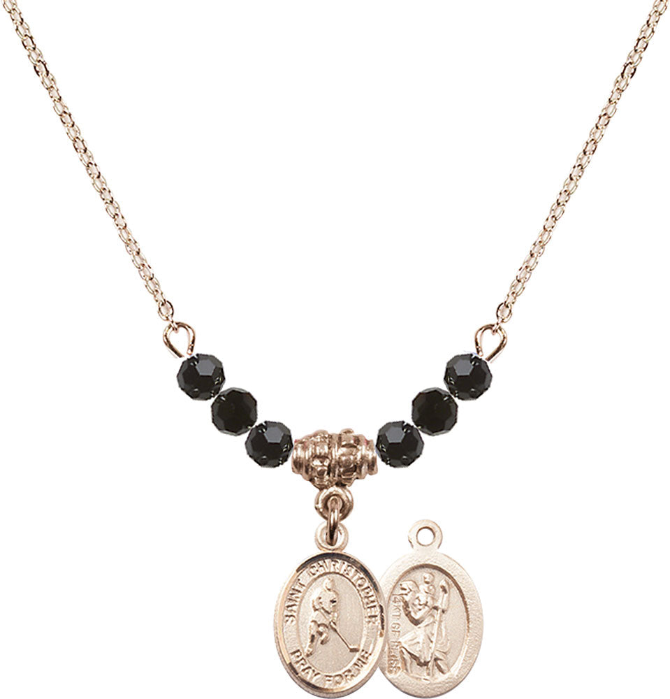 14kt Gold Filled Saint Christopher/Ice Hockey Birthstone Necklace with Jet Beads - 9155