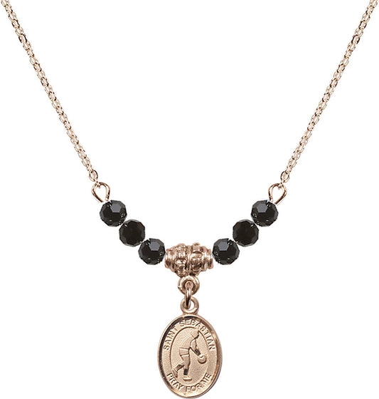 14kt Gold Filled Saint Sebastian/Basketball Birthstone Necklace with Jet Beads - 9163