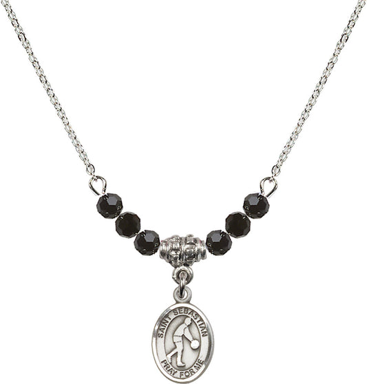Sterling Silver Saint Sebastian/Basketball Birthstone Necklace with Jet Beads - 9163