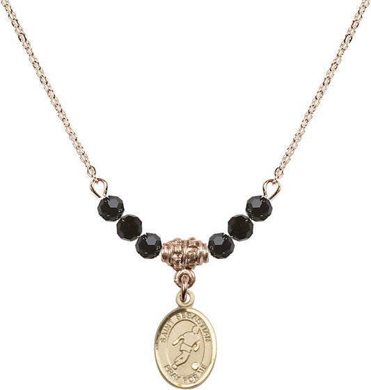 14kt Gold Filled Saint Sebastian/Soccer Birthstone Necklace with Jet Beads - 9164