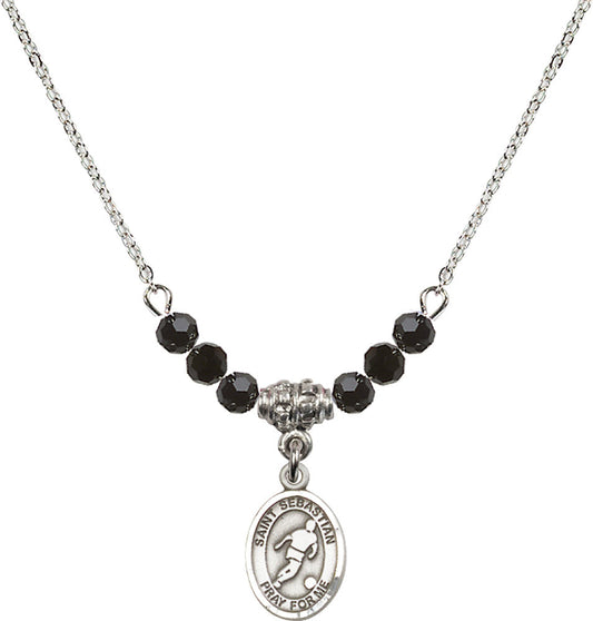 Sterling Silver Saint Sebastian/Soccer Birthstone Necklace with Jet Beads - 9164